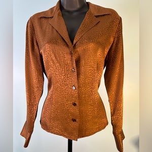 Sz8 Talbots Silk Button Collared Blouse Bronze Animal Inspired EUC